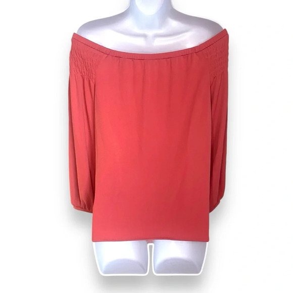 Ann Taylor Coral Off-Shoulder Top Size Small - Smocked Detail & Flowing Sleeves - Picture 2 of 9
